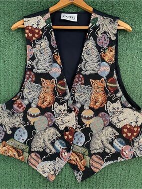 Vintage 90’s Facets Cat Kitten Ballon Tapestry Button Front Vest Women’s Medium
